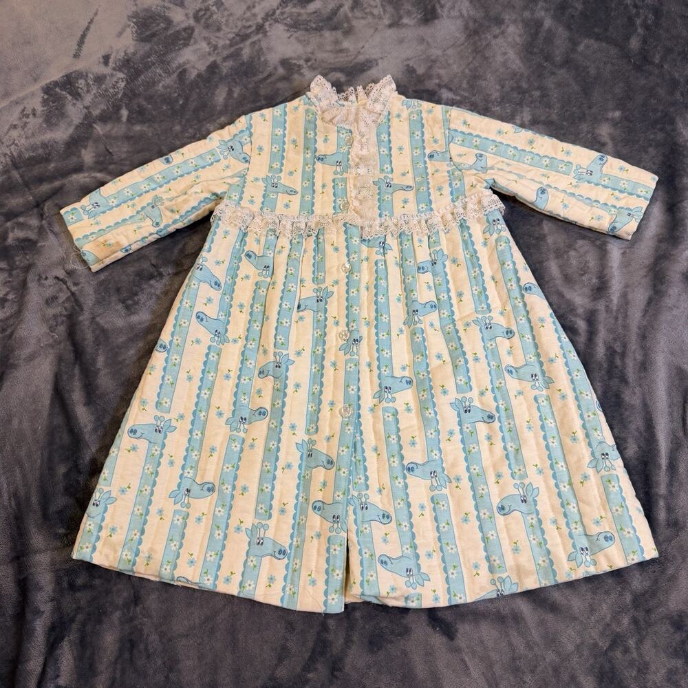 70s VTG Her Majesty Girls Sz T2 Quilted Robe Giraffe Print USA Made Stains Flaws